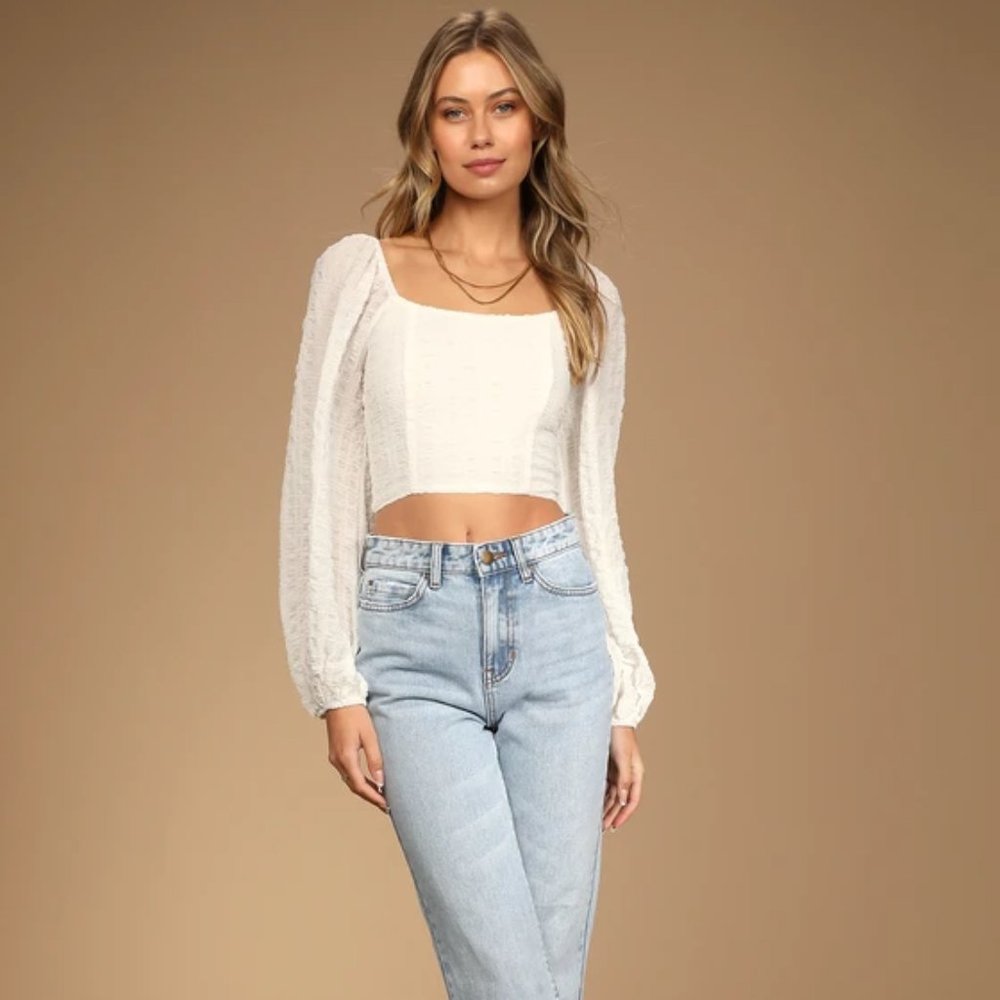 Lulus She's Got It Off White Long Sleeve Tie-Back Crop Top